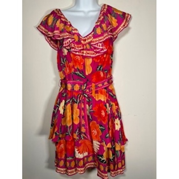 FARM Rio Dresses & Skirts - Farm Rio Mini Dress Pink Flowers Tapestry Ruffle Belted XS Tropical Boho NWT